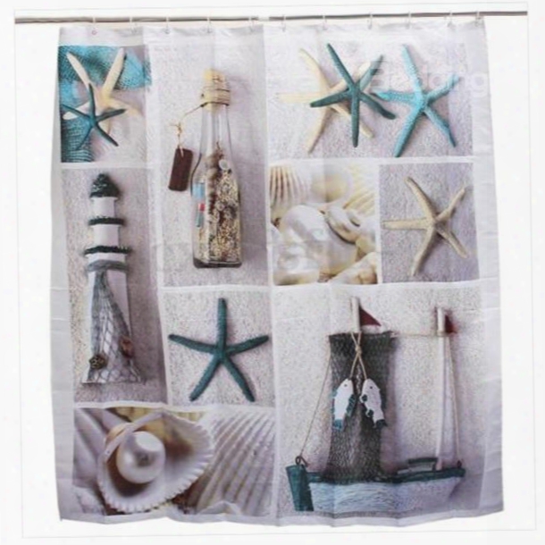 3d Starfish Printed Polyester Sea Style Bathroom Shower Curtain