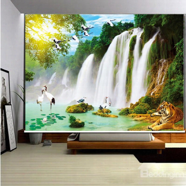 3d Tiger And Cranes With Flowing Waterfalls Printed Decoration Curtain Roller Shade