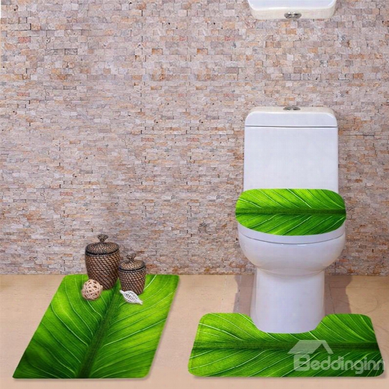 3d Veins Of Leaf Printed Flannel 3-piece Green Toilet Seat Cover