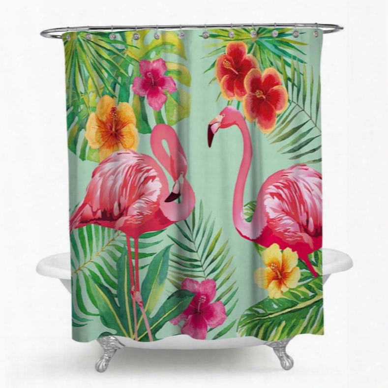 3d Waterproof Flamingos And Tropical Plants Printed Polyester Shower Curtain