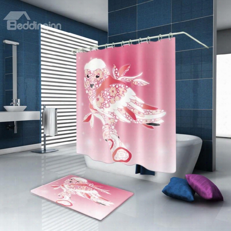 3d Waterproof Flower Pigeon Printed Polyester Pink Shower Curtain