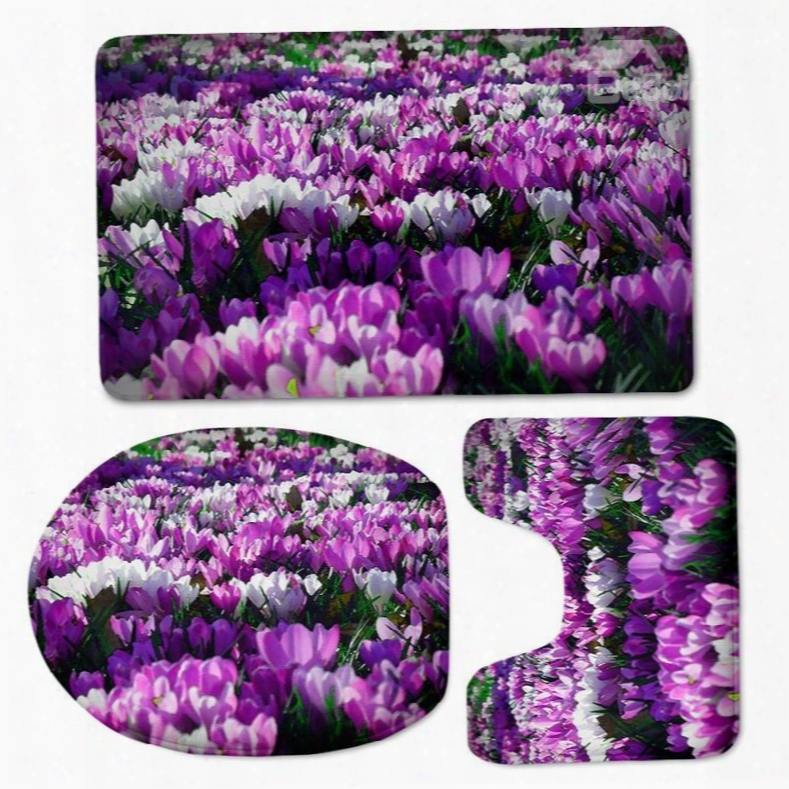 3d White And Purple Orchids Printed Flannel 3-piece Toilet Seat Cover