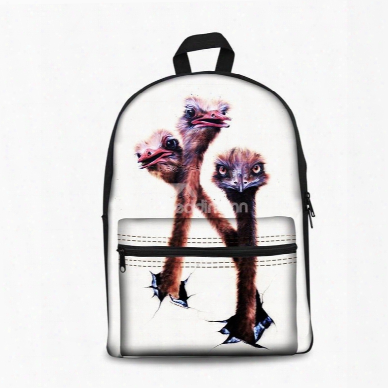 3d White Bottom Color With Ostrich School Backpack For Boys Girls Fashion Durable Book Bag