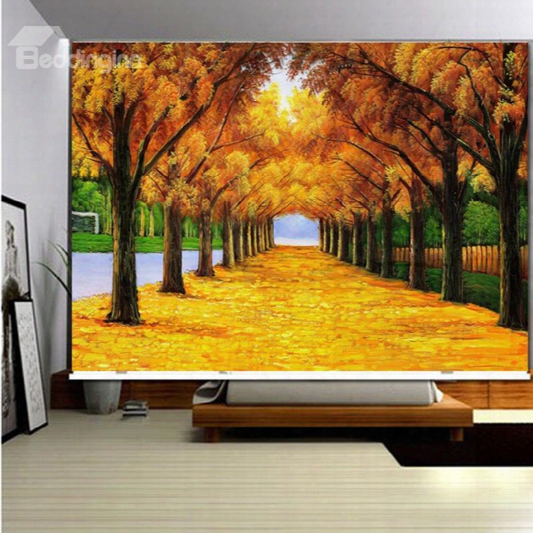 3d Yellow Leaves And Peaceful Road Printed Blackout And Water-proof Roller Shades