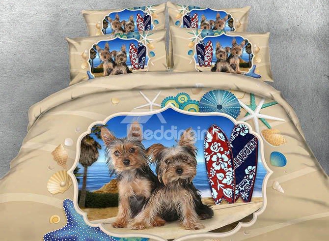 3d Yorkshire Terrier And Beachscape Printed 4-piece Bedding Sets/duvet Covers