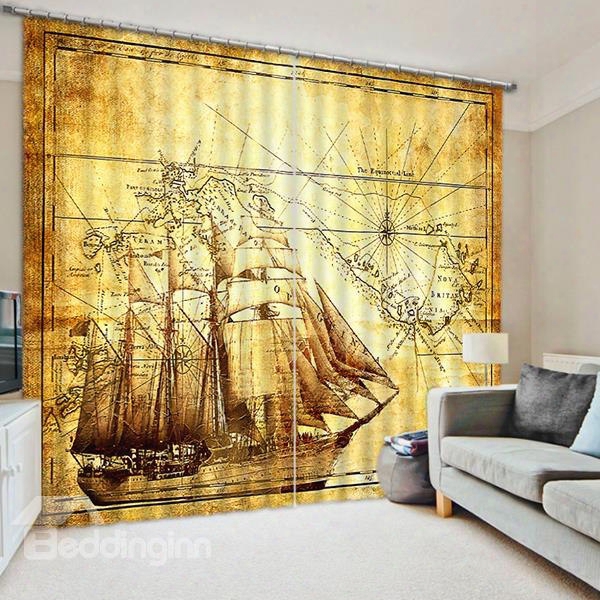 Ancient Fleets Of Boats Sailing Printing Retro Style Creative Custom Living Room Curtain