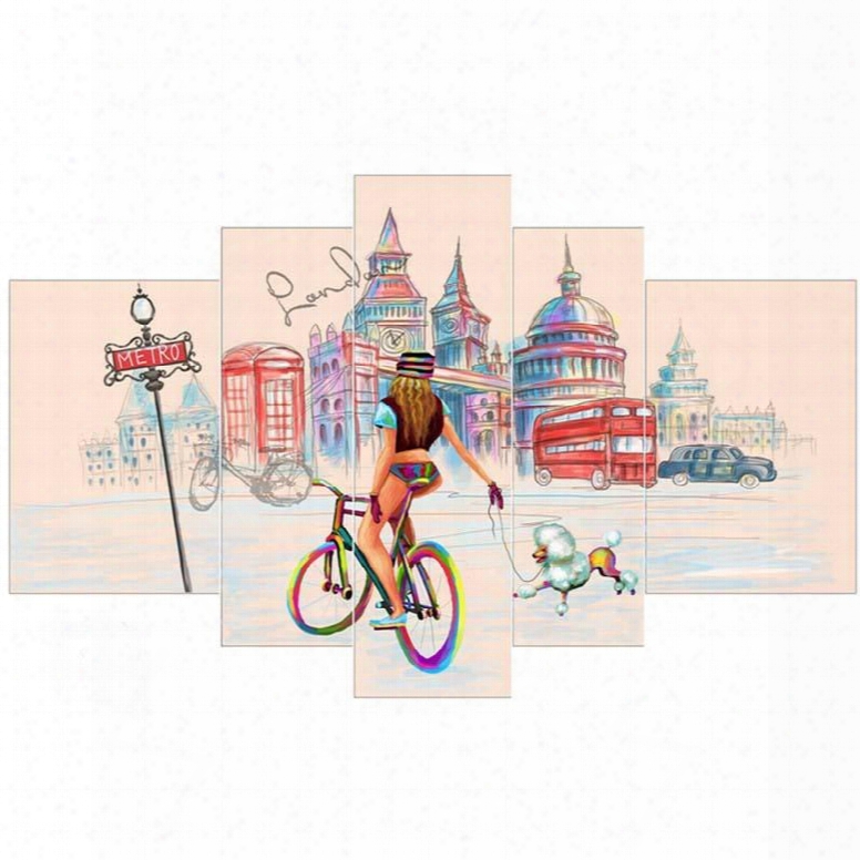 Architectures And Girl Running Bicycle Hanging 5-piece Canvas Eco-friendly And Waterproof Non-framed Prints