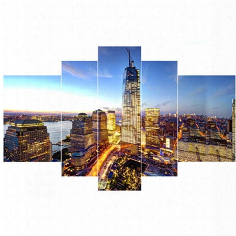 Architectures In City Night Hanging 5-piece Canvas Eco-friendly And Waterproof Non-framed Prints