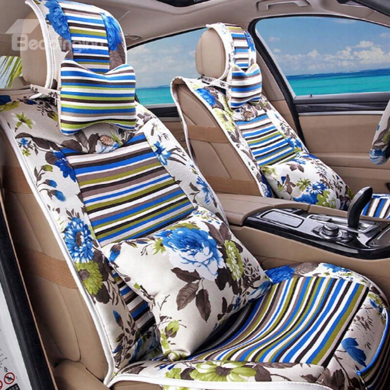 Attractive Blue Folral Style Design Good Permeability Flax Material Universal Five Car Seat Cover