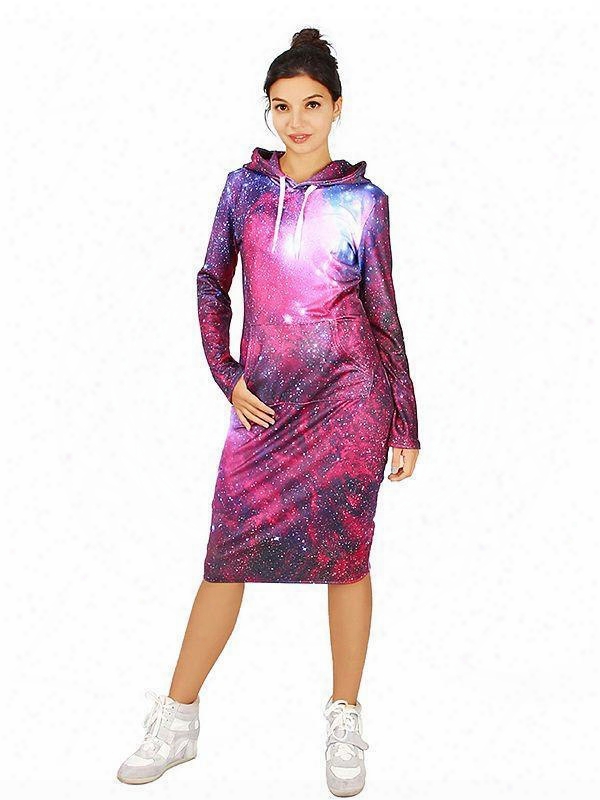 Attractive Olng  Sleeve Fuchsia Galaxy Pattern 3d Painted Hoodie Dress