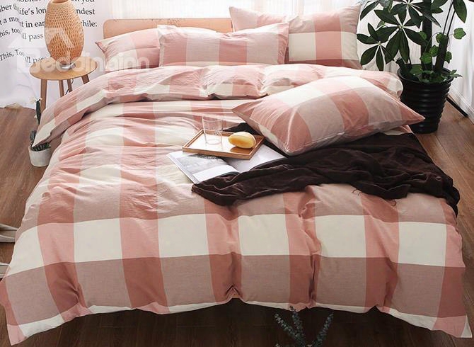 Big Fresh Pink Plaid Print Cotton 4-piece Bedding Sets/duvet Cover