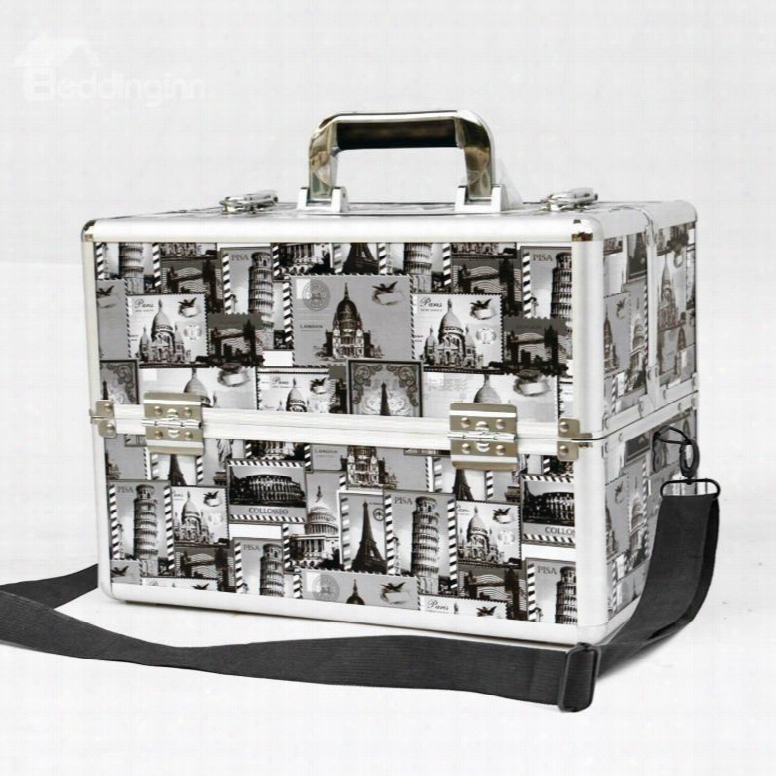 Black And White Stamps Printed Professional Portable Cosmetic Case