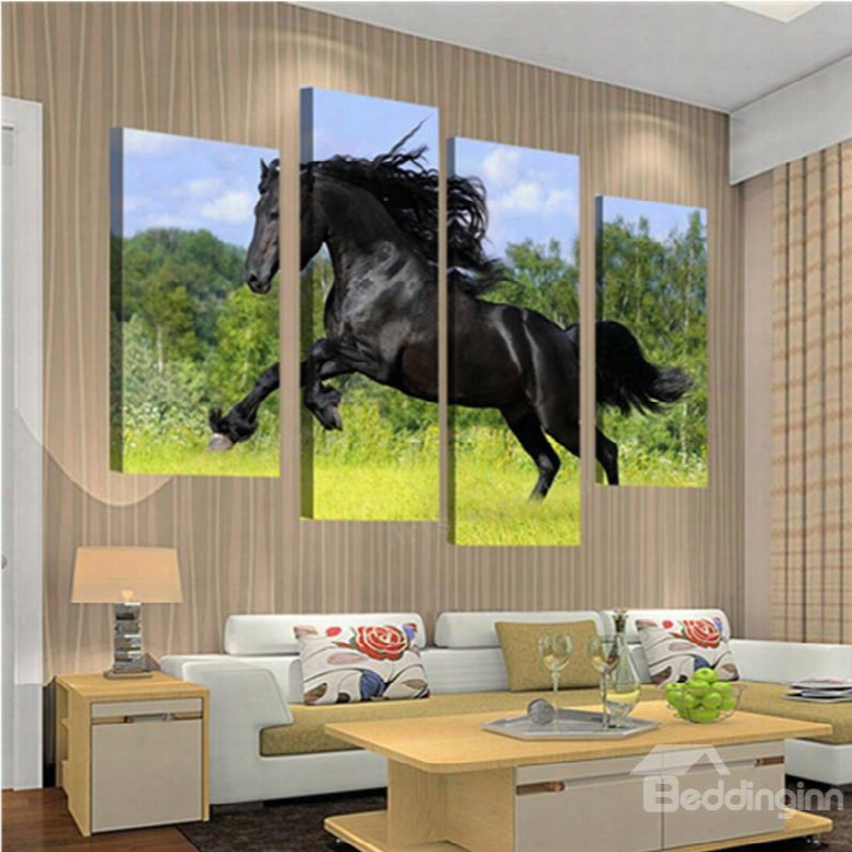 Black Horse Jumping On Green Grassland Hanging 4-piece Canvas Waterproof Non-framed Prints