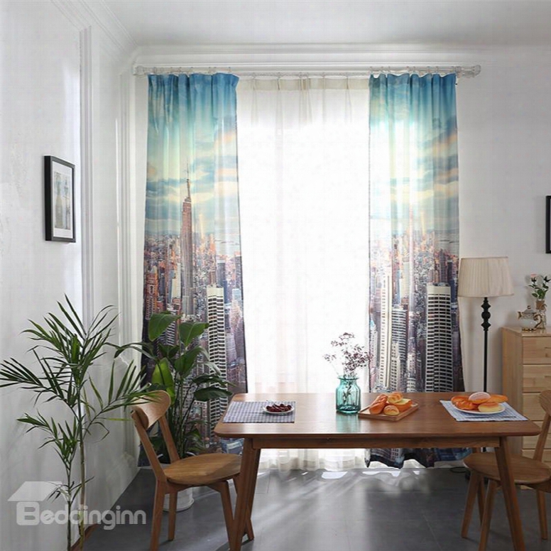 Blackout And Decoration Polyester Cotton Buildings Printed Modern Style 2 Panels Curtain