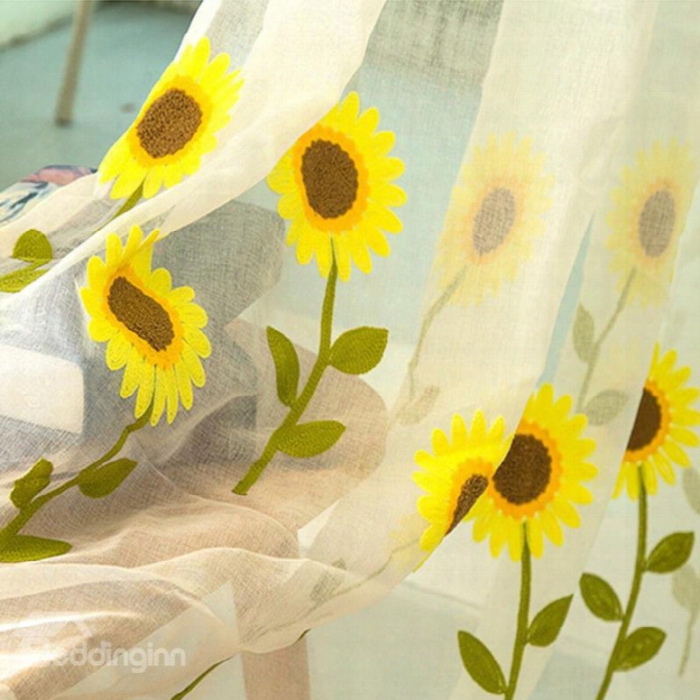 Blackout And Decoration Polyester Embroidery Blooming Sunflowers Modern Style Sheer Lining