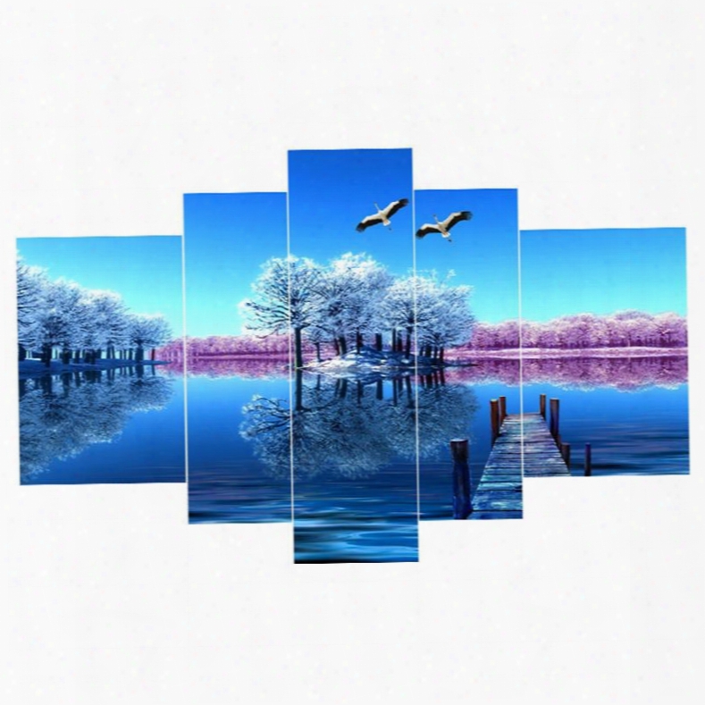 Blue Lake And Sky Hanging 5-piece Canvas Eco-friendly And Waterproof Non-framed Prints