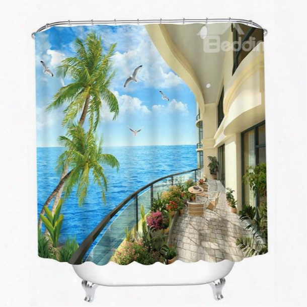 Blue Sky And Sea Seeing From Balcony Print 3d Bathroom Shower Curtain