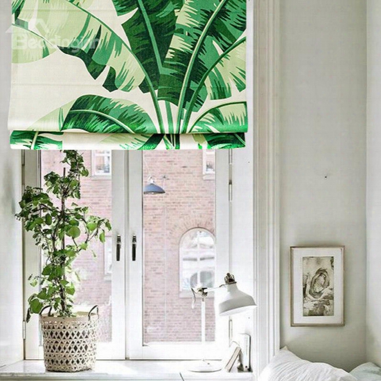 Breathable Green Plantain Printing Flat-shaped Roman Shades