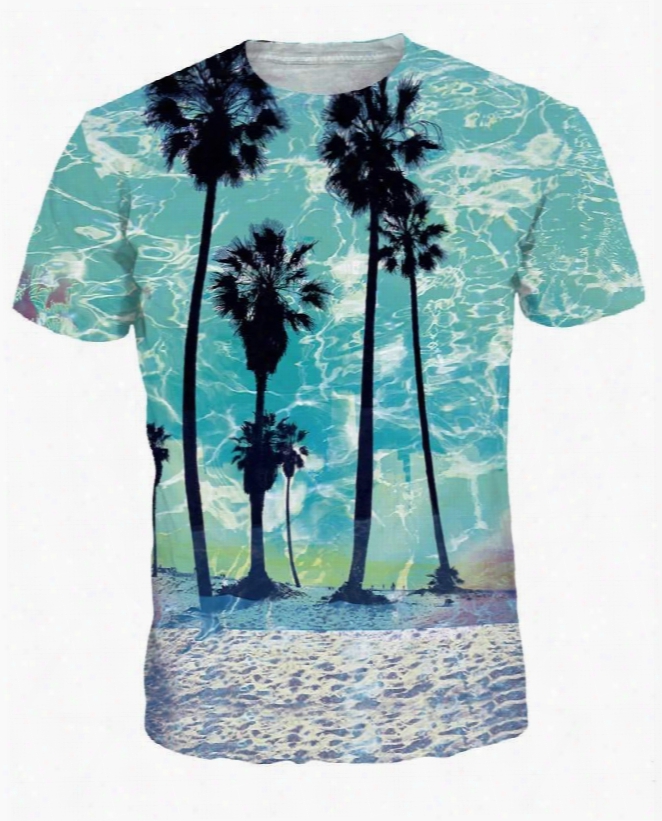 Bright Round Neck Coconut Trees Pattern 3d Painted T-shirt