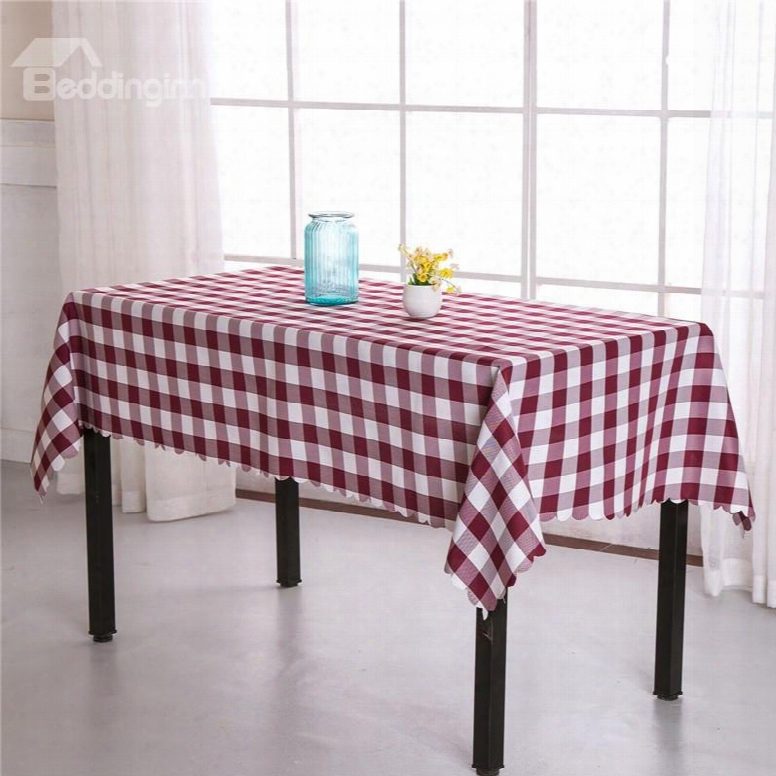 Burgundy And White Plaids Elegant Style Chemical Fiber Soft 1 Piece Tablecloth