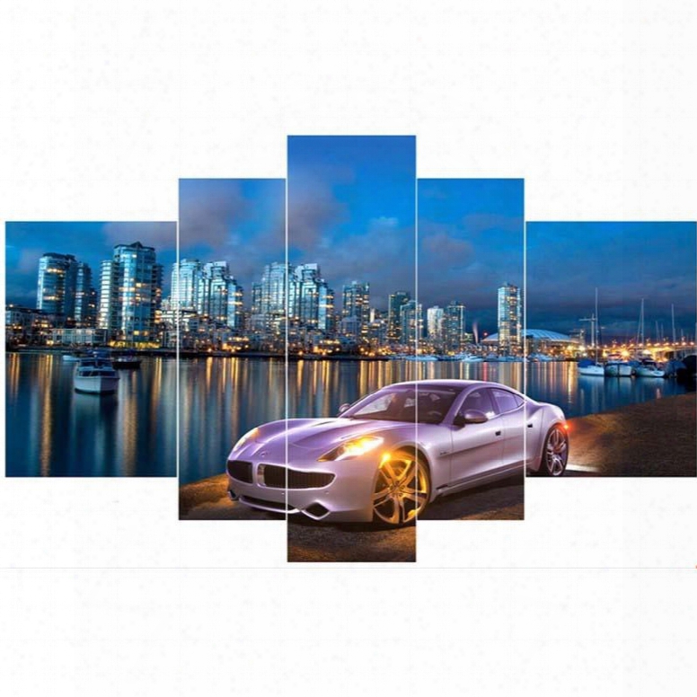 Car And Buildings Beside Lake Hanging 5-piece Canvas Eco-friendly And Waterproof Non-framed Prints