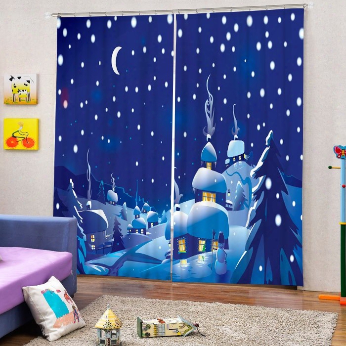 Cartoon Santa House Peaceful Winter Night Of The Village Printing Christmas Theme 3d Curtain