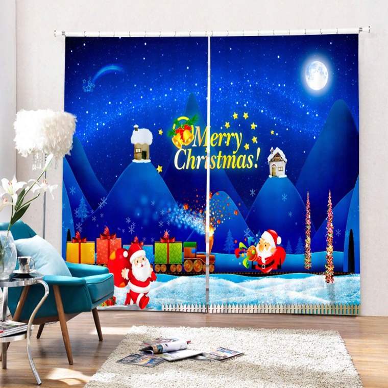 Cartoon Santa Transporting Gifts Printing Christmas Theme 3d Blue Curtain