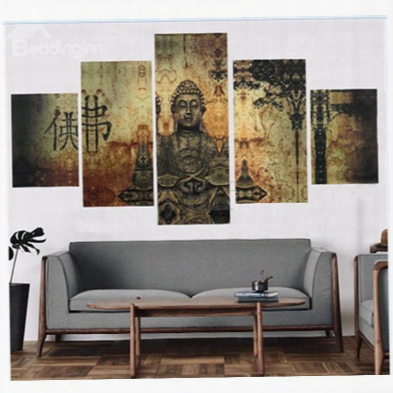 Chinese Buddha Hanging Canvas Waterproof And Eco-friendly 5-piede Non-framed Wall Prints