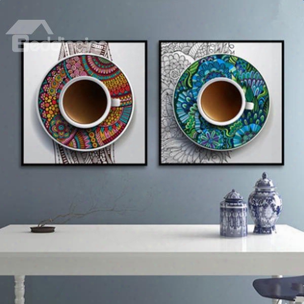 Classic Style Coffee Cup Set Pattern Framed Waterproof 2 Pieces Wall Art Prints