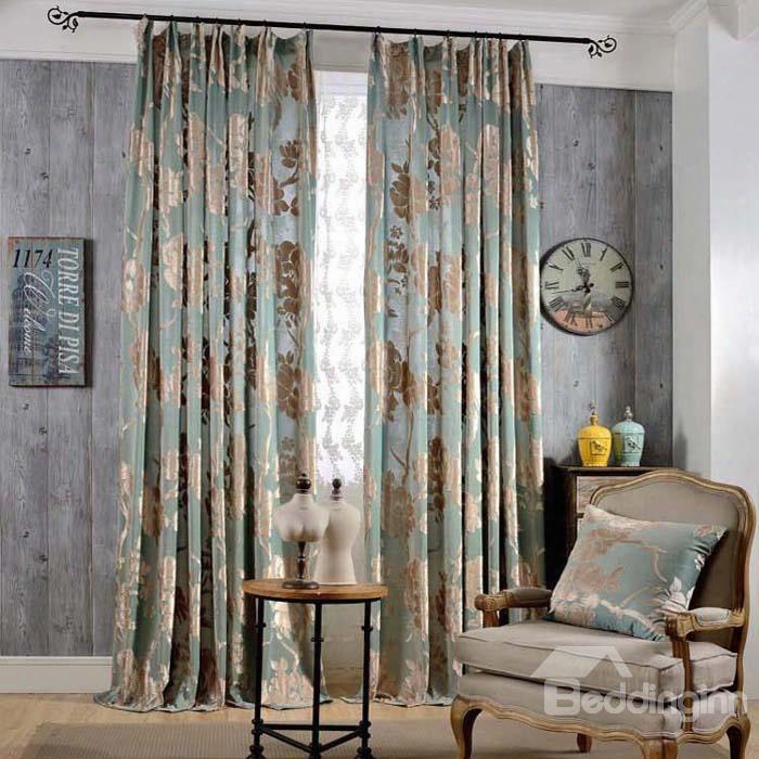 Classical Light Blue Jacquard Flowers Double Pinch Pleat Curtain