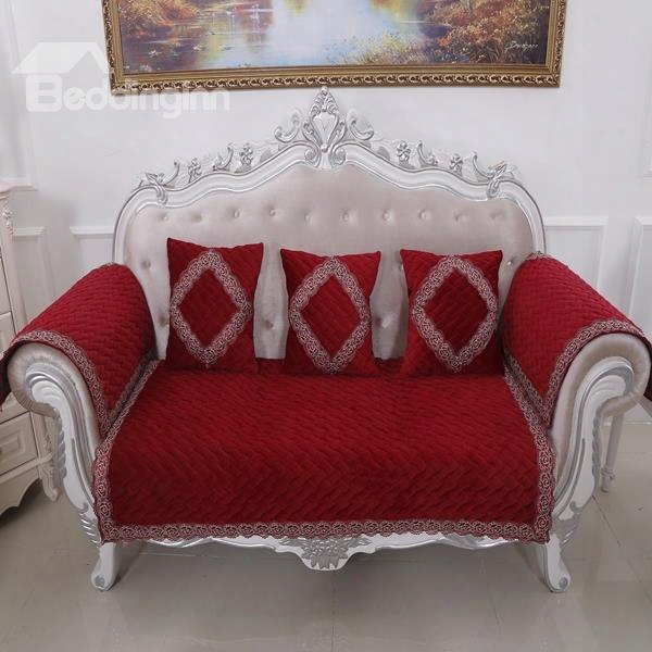 Classical Red Velvet Embroidery Design Cushion Slip Resistant Sofa Covers