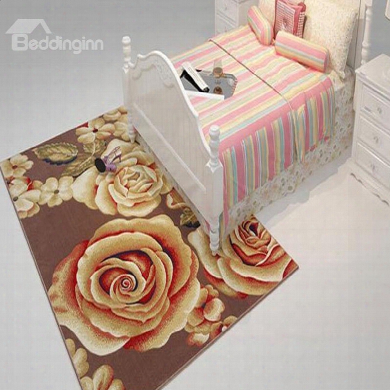 Classical Rose Printing Brown Color Modern And Pastoral Style Living Room And Bed Room Carpet