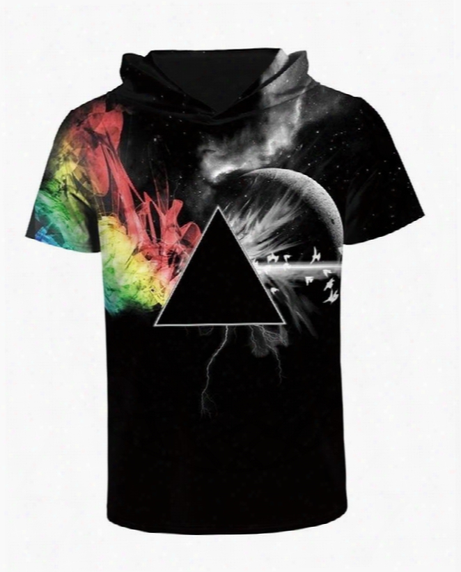 Color Block Moon 3d Printed Short Sleeve For Men Hooded T-shirt
