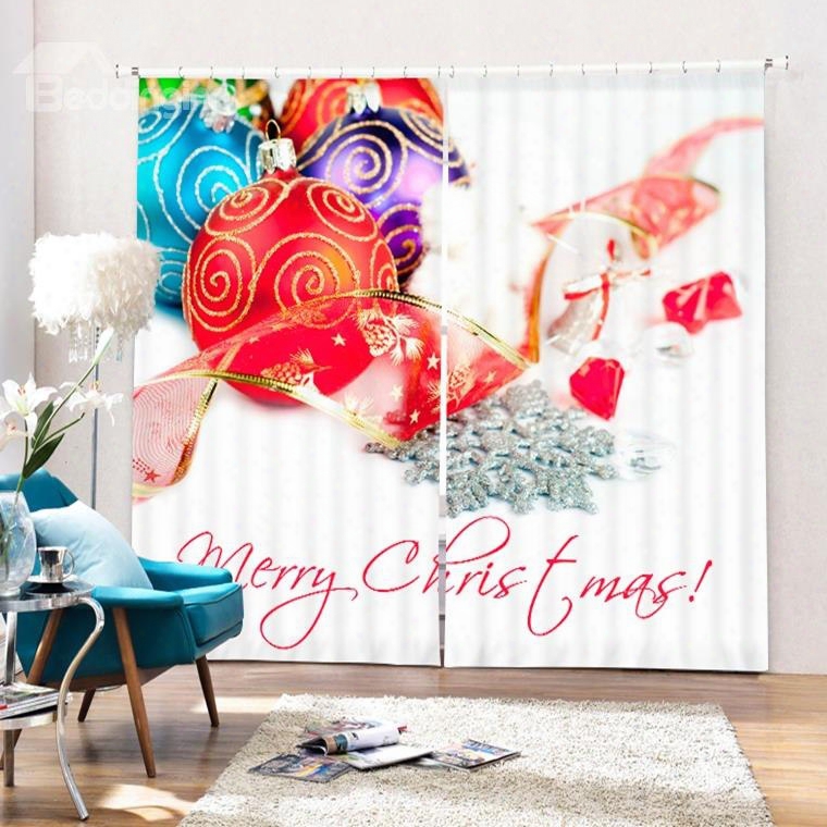 Colorful Christmas Balls And Red Ribbon Printing Christmas Theme 3d Curtain