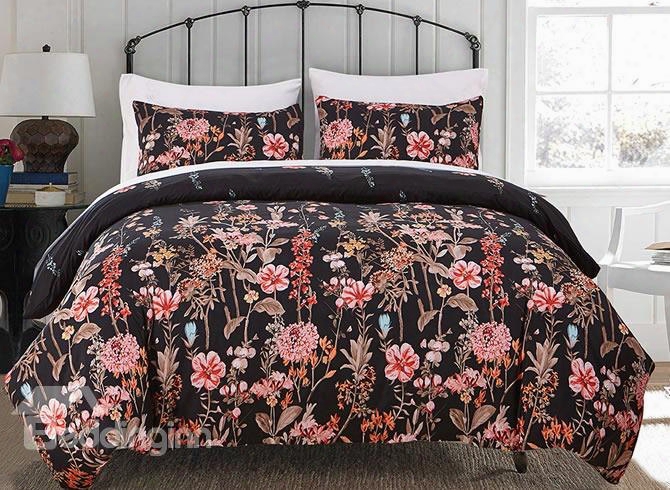 Colorful Flowers Printed Pastoral Style Black Polyester 3-piece Bedding Sets/duvet Cover
