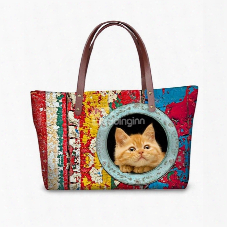 Colorful Pattern Cat Waterproof Sturdy Animals 3d Printed For Women Girls Shoulder Handbags