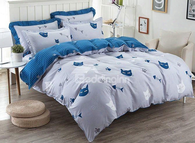 Concise Cats And Fishes Pattern Kids Cotton 4-piece Duvet Cover Sets