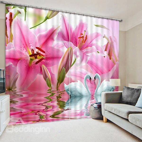 Couple White Swans With Love In Front Of The Pink Lily Flowersprint 3d Blackout Curtain
