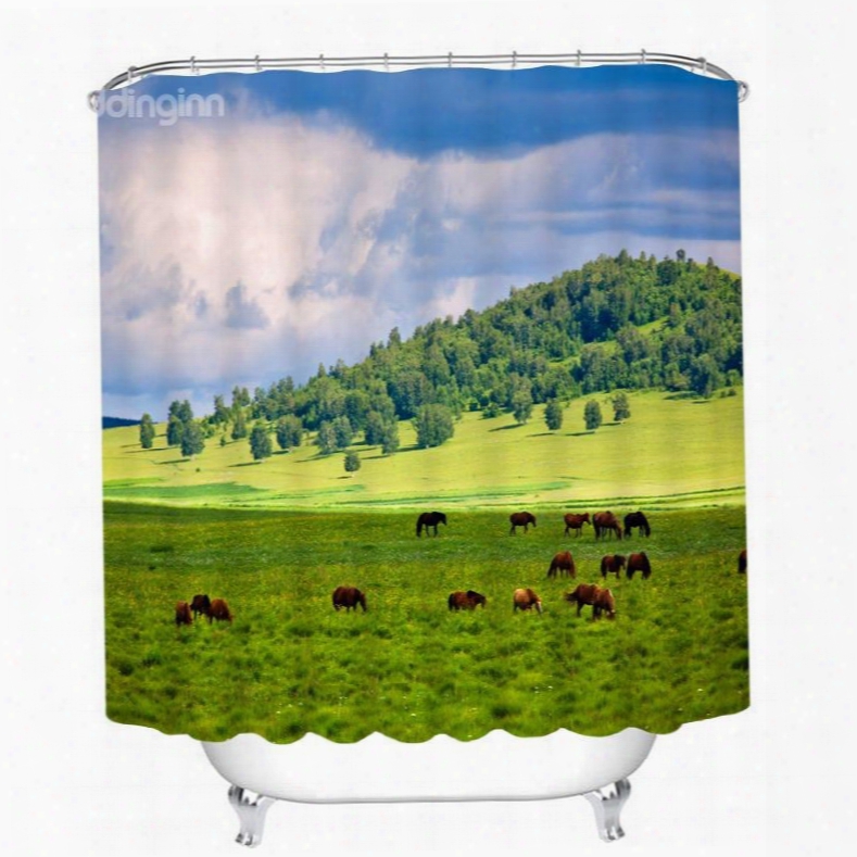 Cow Eating Grass On Field Printing Bathroom 3d Shower Curtain