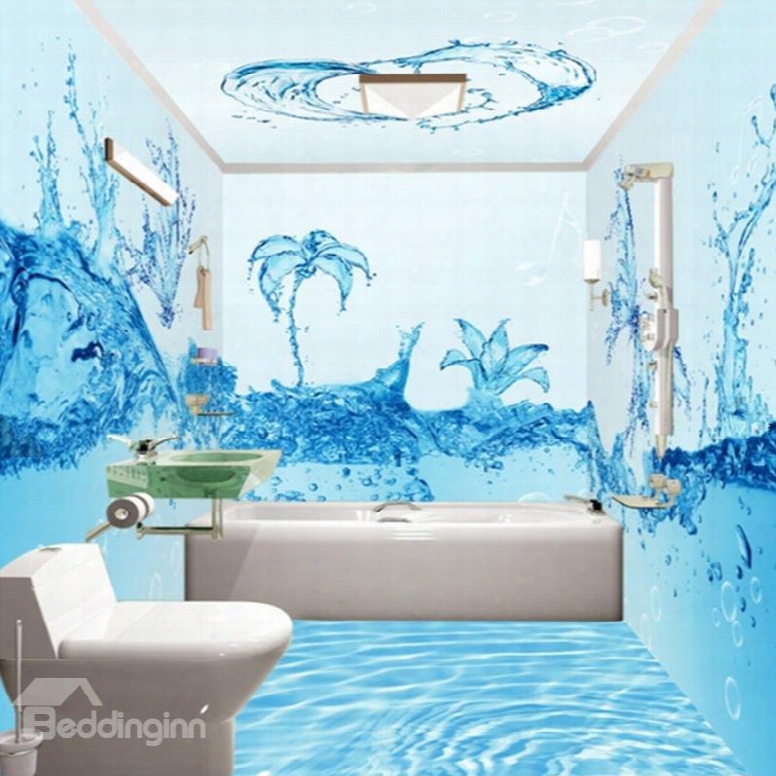 Creative Fresh Blue Water Flowers Pattern Waterproof 3d Bathroom Wall Murals