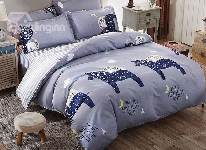 Dark Blue Starry Horse Prints Polyester 4-piece Bedding Sets/duvet Cover