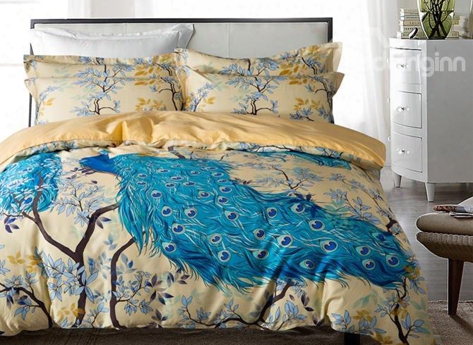 Designer 60s Brocade Peacock And Branches Luxury 4-piece Cotton Bedding Sets/duvet Cover