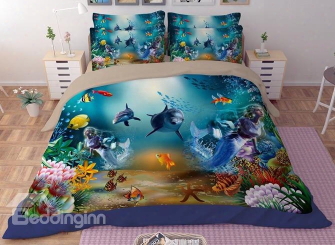 Dreamy Dolphin And Mermaid Print 4-piece Polyseter Duvet Cover Sets