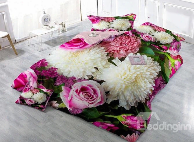 Elegant Chrysanthemum And Rose Print 4-piece Duvet Cover Sets
