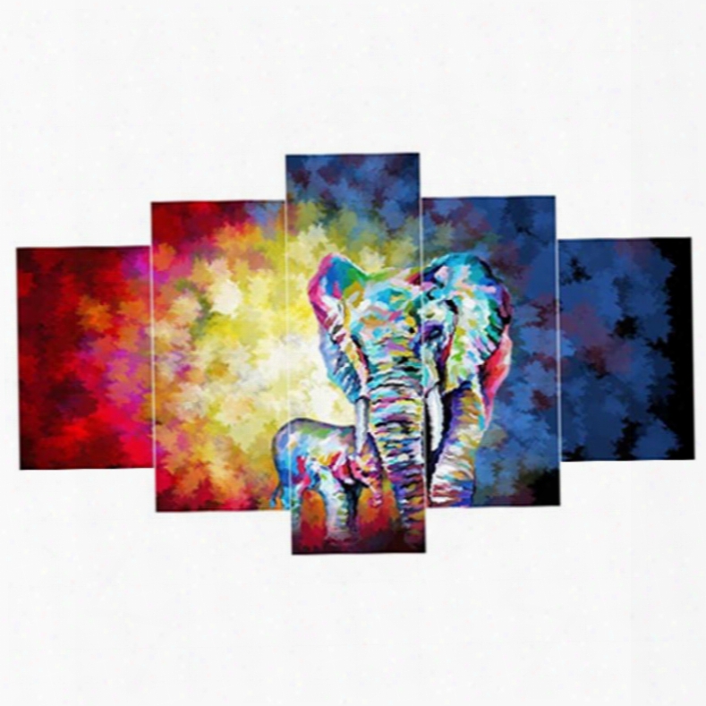 Elephant And Colorful Background Hanging 5-piece Canvas Waterproof Non-framed Wall Prints