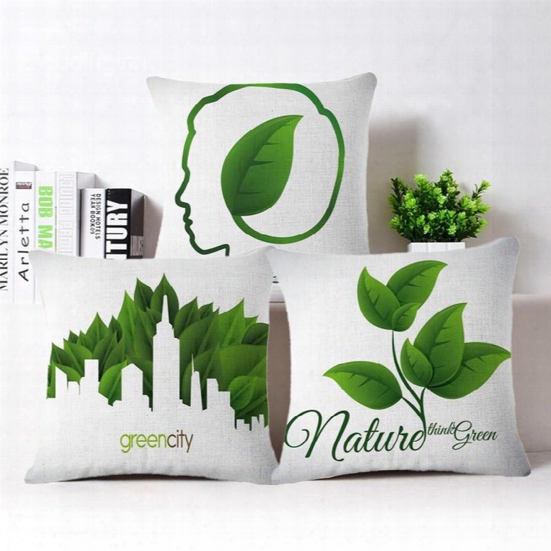 Emerald Green Leaves And Creative Thinking Pattern White Linen Throw Pillowcases