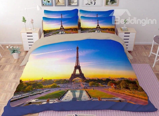 Famous Eiffel Tower Print 4-piece Polyester Duvet Cover Sets