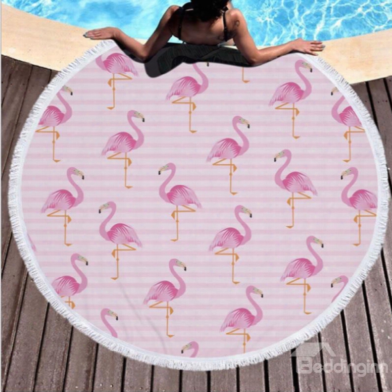Flamingo Pattern Cotton Round Beach Throws Blanket With Tassels Superior Quality