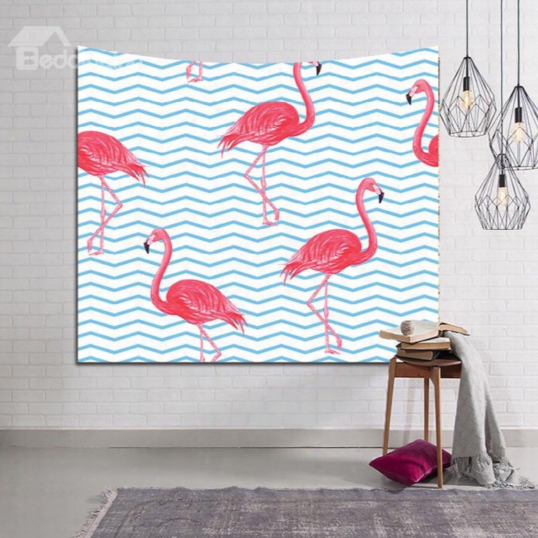 Flamingos And Blue Wavy Lines Decorative Hanging Wall Tapestry