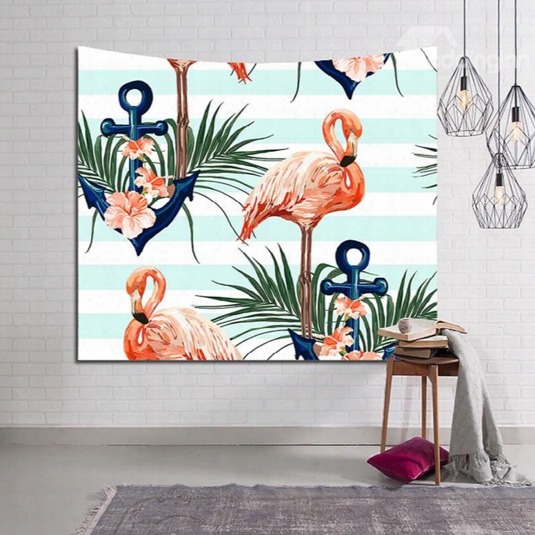 Flamingos And Floral Foliage Light Blue Stripe Decorative Hanging Wall Taapestry